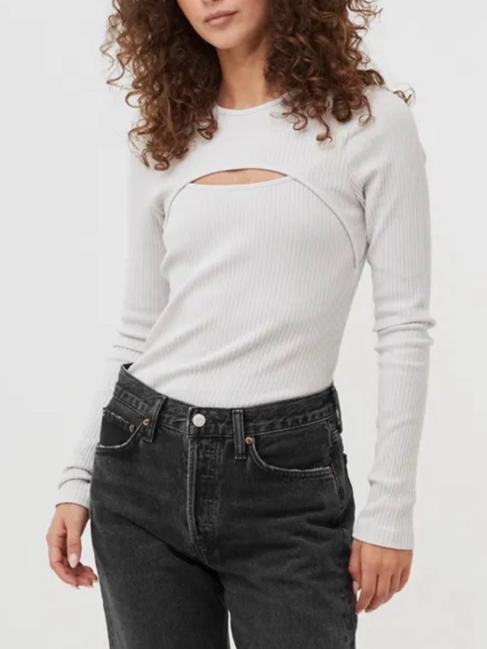 Agolde Lyza Cut Out Ribbed Long Sleeve Top Off White Size S Asymmetrical